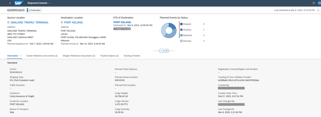 Ocean Booking tracked in SAP Global Track & Trace