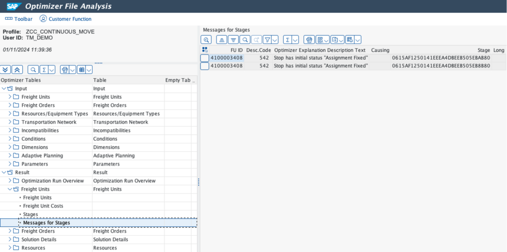 Messages in SAP Transportation Management Optimizer File Analysis